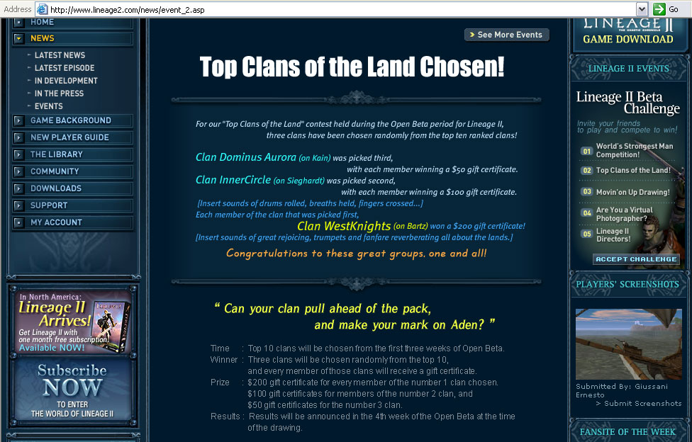 Westknights wins Top Clans of the Land competition (Lineage 2)